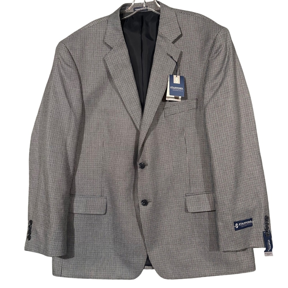 Stafford Essentials Mens 46R Classic Fit Sport Coat Blazer Houndstooth Gray NWT